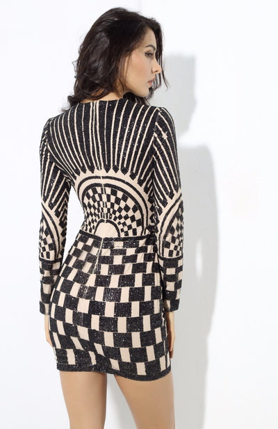 Harlie Black & Nude Glitter Long Sleeve Mini Dress - Fashion Genie Boutique