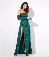 Princess Of Charm Green Bardot Glitter Double Split Maxi Dress - Fashion Genie Boutique