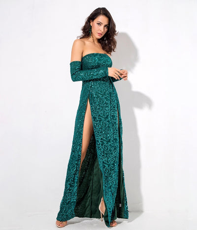 Princess Of Charm Green Bardot Glitter Double Split Maxi Dress - Fashion Genie Boutique