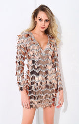 Keep them Keen Rose Gold Long Sleeve Sequin Tassel Mini Dress - Fashion Genie Boutique