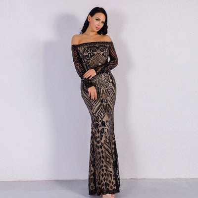 Natalina Black Sequin Bardot Long Sleeve Maxi Dress - Fashion Genie Boutique