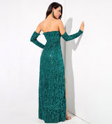 Princess Of Charm Green Bardot Glitter Double Split Maxi Dress - Fashion Genie Boutique