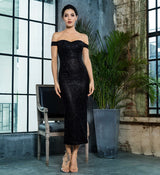 Monte Carlo Black Bardot Glitter Embellished Midi Dress - Fashion Genie Boutique