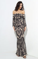 Avella Black & Nude Sequin Bardot Maxi - Fashion Genie Boutique