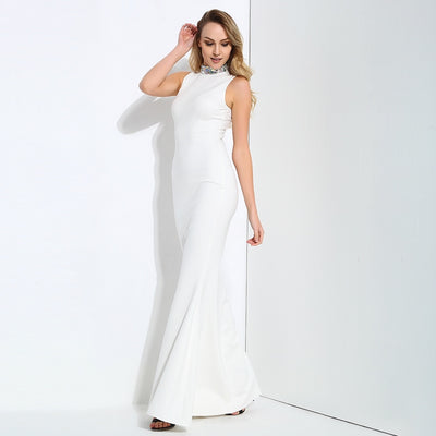 Glam Squad White Crystal Embellished Fishtail Maxi Dress - Fashion Genie Boutique