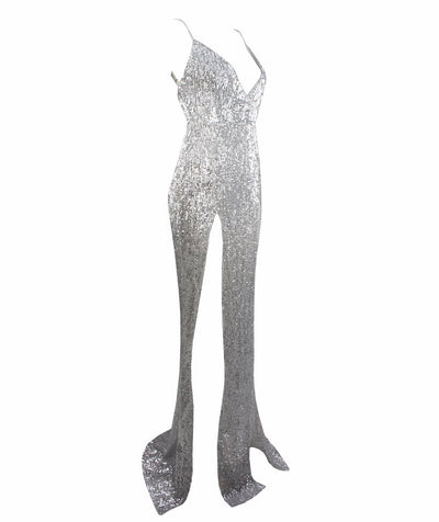 Iconic Silver Sequin Double Split Maxi Party Gown Dress - Fashion Genie Boutique