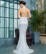 Alabama Silver Cowl Neck Sequin Maxi Fishtail Dress - Fashion Genie Boutique
