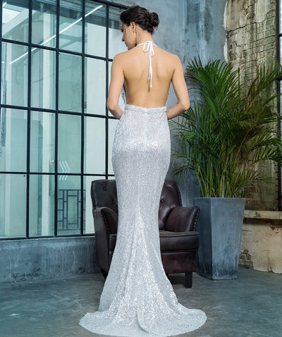 Alabama Silver Cowl Neck Sequin Maxi Fishtail Dress - Fashion Genie Boutique