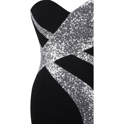 Dazzling Diva Black & Silver Strapless Sequin Maxi Gown Dress - Fashion Genie Boutique