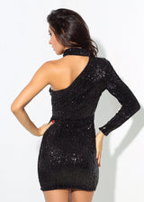 Mystique Black Sequin One Shoulder Mini Choker Dress - Fashion Genie Boutique