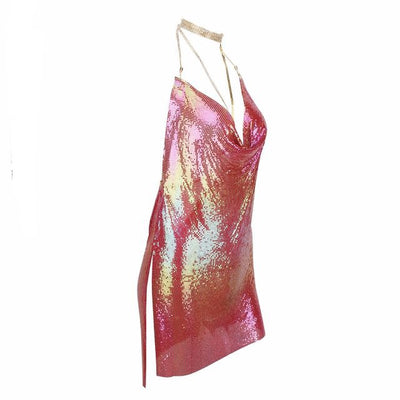 Got Me In Chains Pink Iridescent Metal Mini Dress - Fashion Genie Boutique