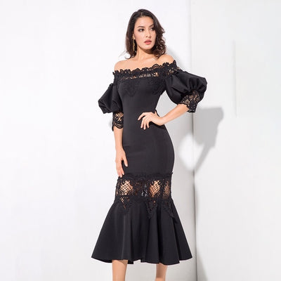 Mamacita Black Bardot Lace Panel Midi Dress - Fashion Genie Boutique