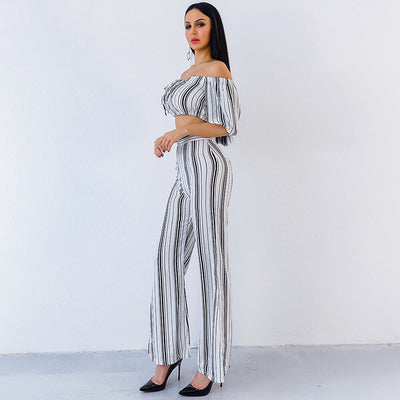 Love Poem Multi Two Piece Trousers & Bardot Crop Top Co-Ord - Fashion Genie Boutique