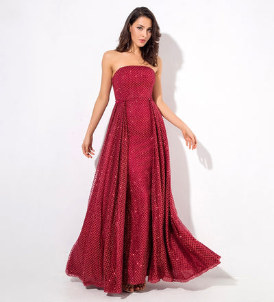 A Star Is Born Red Glitter Strapless Maxi Gown Dress - Fashion Genie Boutique