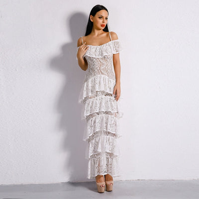Lacey Days White Lace Ruffle Detail Maxi Dress - Fashion Genie Boutique