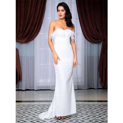 Win Me Over White Glitter Feather Strapless Maxi Dress - Fashion Genie Boutique