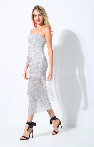 Glam Doll Silver Strapless Sequin Midi Dress - Fashion Genie Boutique