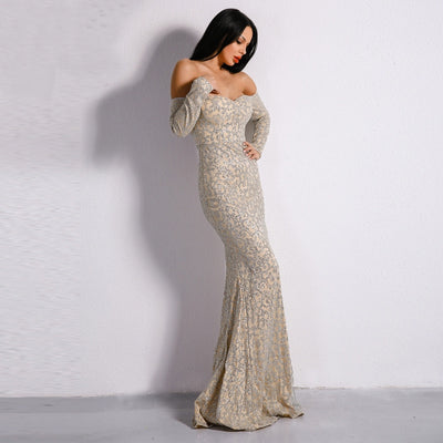 Pick of the Glitter Silver Long Sleeve Bardot Maxi Dress - Fashion Genie Boutique