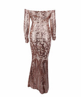 Invite To Shine Rose Gold Bardot Sequin Maxi Dress - Fashion Genie Boutique