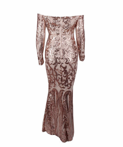 Invite To Shine Rose Gold Bardot Sequin Maxi Dress - Fashion Genie Boutique