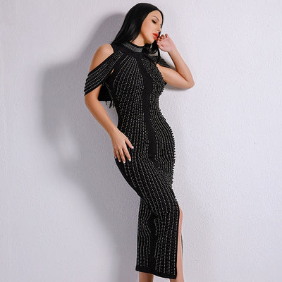 High Society Black Stud Embellished Slinky Maxi Dress - Fashion Genie Boutique