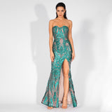 Sweet Vision Green Strapless Sequin Spilt Maxi Gown Dress - Fashion Genie Boutique