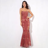 Princess Doll Red Strapless Glitter Maxi Split Fishtail Dress - Fashion Genie Boutique
