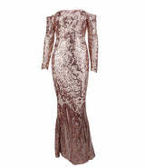 Invite To Shine Rose Gold Bardot Sequin Maxi Dress - Fashion Genie Boutique