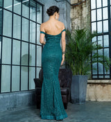 Little Treasure Green Bardot Glitter Fishtail Maxi Gown Dress - Fashion Genie Boutique