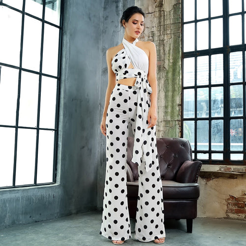 One Kiss White Polka Dot Crop Top & Wide Leg Trousers Co-Ord - Fashion Genie Boutique