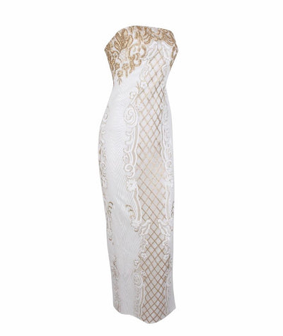 A Long Affair White & Gold Sequin Strapless Maxi Dress - Fashion Genie Boutique