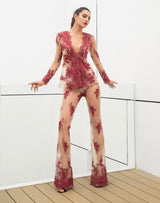 It Suits You Red Mesh Lace Long Sleeve Top & Trousers Co-Ord - Fashion Genie Boutique