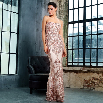 Godiva Gold Strapless Sequin Maxi Fishtail Dress - Fashion Genie Boutique