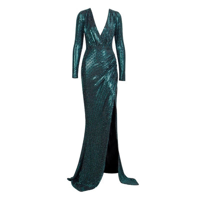 City Of Love Green Plunge Sequin Long Sleeve Maxi - Fashion Genie Boutique