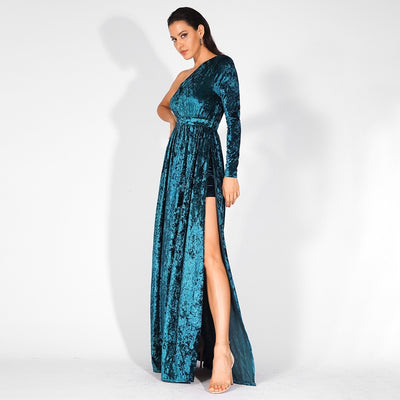 Just One Wish Green Velvet One Shoulder Long Sleeve Maxi Dress - Fashion Genie Boutique