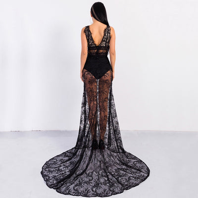 Embrace The Lace Black Plunge Maxi Dress - Fashion Genie Boutique