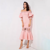 Mamacita Pink Bardot Lace Panel Midi Dress - Fashion Genie Boutique