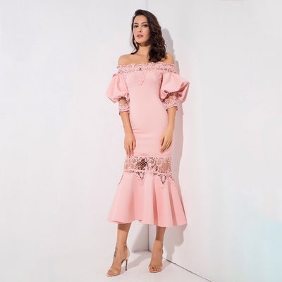Mamacita Pink Bardot Lace Panel Midi Dress - Fashion Genie Boutique