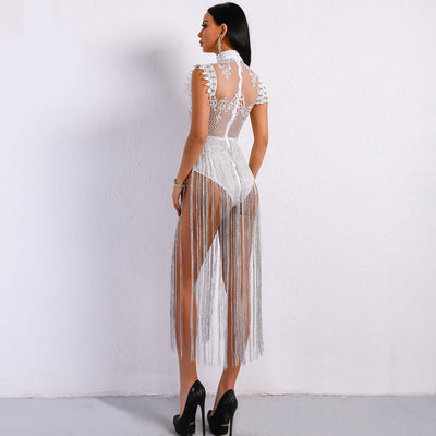 Gamble On Me White Mesh Sequin Fringe Bodysuit - Fashion Genie Boutique