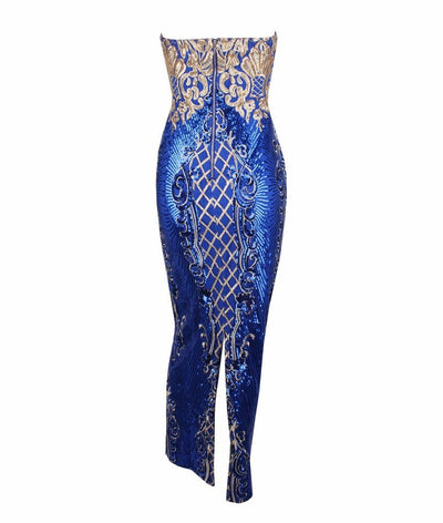 A Long Affair Blue & Gold Sequin Strapless Maxi Dress - Fashion Genie Boutique