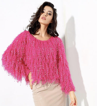 Heart Throb Hot Pink Fluffy Fringe Jumper - Fashion Genie Boutique