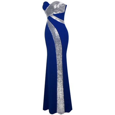 Dazzling Diva Blue & Silver Strapless Sequin Maxi Gown Dress - Fashion Genie Boutique