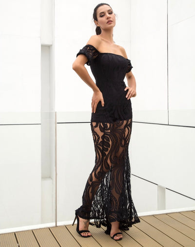 Hotline Black Bardot Lace Maxi Dress - Fashion Genie Boutique