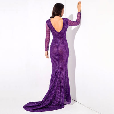Making Moves Purple Long Sleeve Glitter Maxi Gown Dress - Fashion Genie Boutique