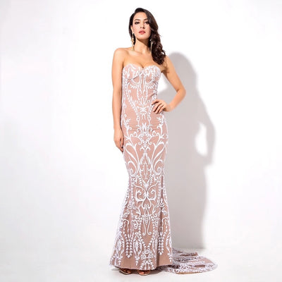 Million Dollar Babe White Strapless Glitter Embellished Maxi Gown Dress - Fashion Genie Boutique
