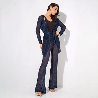 Valerie Navy Glitter Knit Trousers - Fashion Genie Boutique