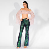 Ibiza Party Green Iridescent Sequin High Waisted Bootcut Trousers - Fashion Genie Boutique