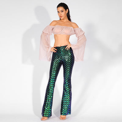 Ibiza Party Green Iridescent Sequin High Waisted Bootcut Trousers - Fashion Genie Boutique