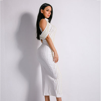 High Society White Stud Embellished Slinky Maxi Dress - Fashion Genie Boutique