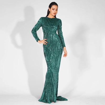 Never Enough Green Sequin Long Sleeve Sleeve Maxi Fishtail Dress - Fashion Genie Boutique